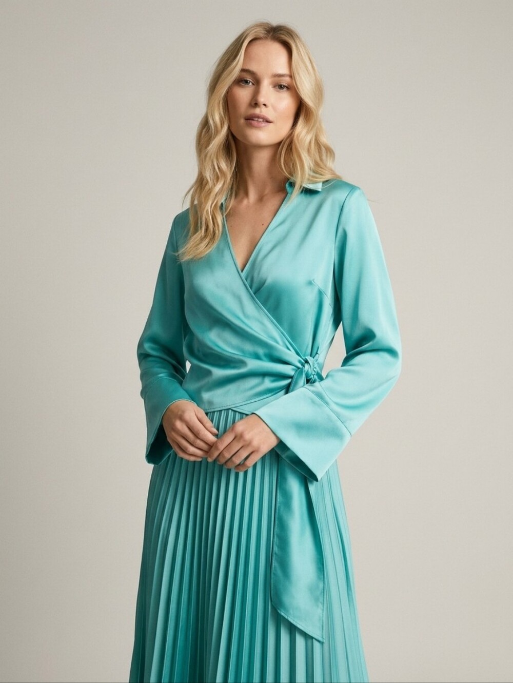 Zara Women's Teal Satin Glossy Fluid V Neck Wrap Long Sleeves Blouse Medium - Picture 4 of 16